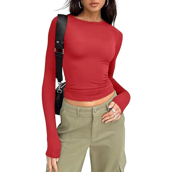 1pcs Four Seasons Fashion Senior Women T-shirt Long Sleeve Crew Neck Solid Slim Fit Tee Ladies Crop Top  Daily Streetwear Camis - Matrix-studios.com