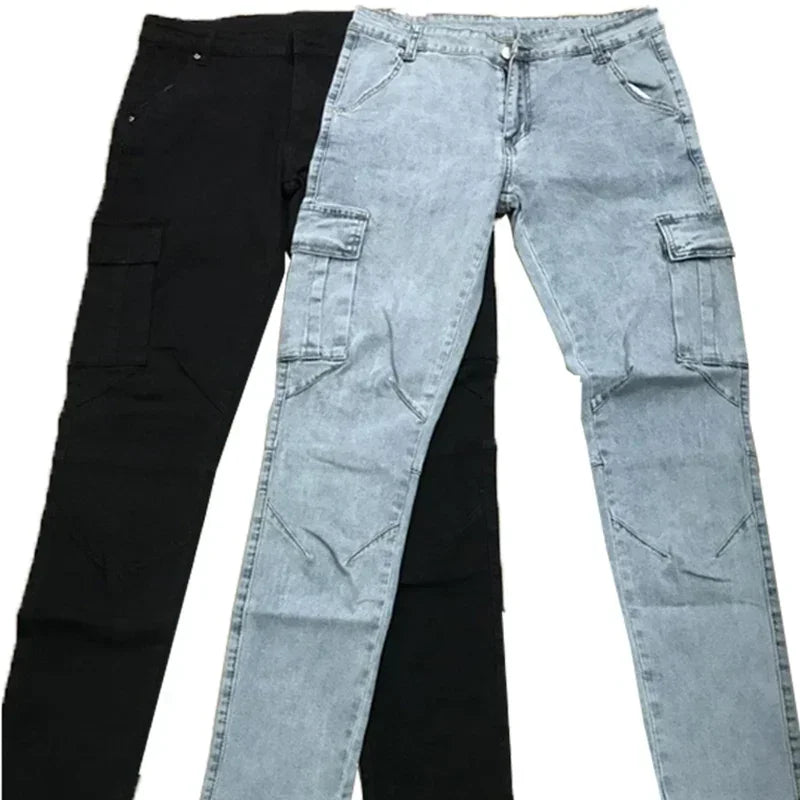 Men Casual Pencil Jeans Male Elastic Multi Pocket Small Slim High Street Denim Pants Wash Solid Color Mid Waist Cargo Jeans - Matrix Studios