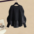 2026 Spring/Autumn New Korean Elegant Splice Fake Two Piece Knitted Sweater Dress Matching Set Women's Chic Pullover Skirt Set - Matrix-studios.com