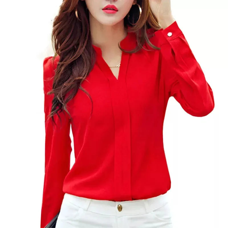 Long Sleeve Shirt Women Autumn Clothing Fashion Slim Blouse V Neck Korean Elegant Ladies Office Shirts White Red - Matrix-studios.com