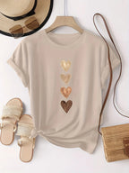 Women's Casual Short Sleeve T-Shirt with Four Heart Graphic Print - Black & Golden, Medium Stretch Round Neck - Matrix-studios.com