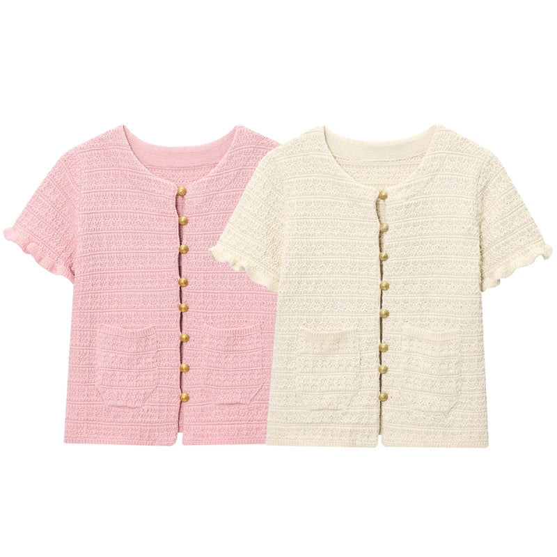 HXAO Crop Knit Cardigan For Women Summer Knitwear 2025 Women's Sweater Pink Off White O-Neck Short Sleeve Bolero Cardigan Woman - Matrix Studios