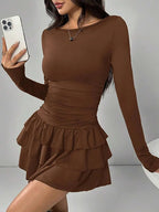 Autumn Winter Solid Color Slim Fit Cascading Ruffles Mini Dress Women Elegant Flare Sleeve High Waist Sexy Party Bodycon Dresses - Matrix-studios.com
