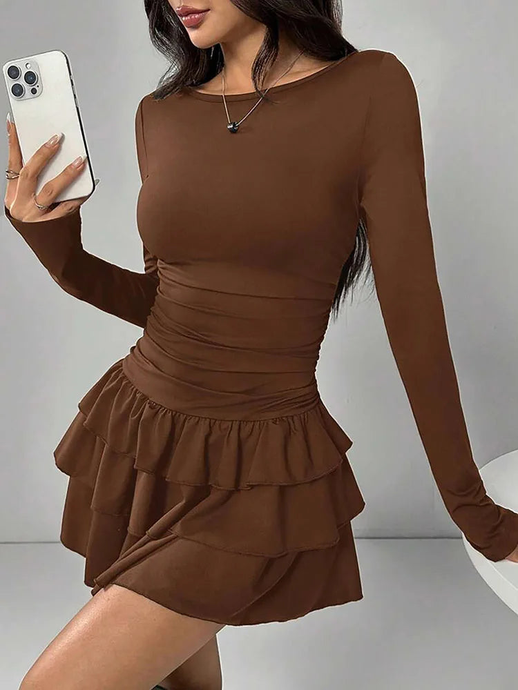 Autumn Winter Solid Color Slim Fit Cascading Ruffles Mini Dress Women Elegant Flare Sleeve High Waist Sexy Party Bodycon Dresses - Matrix-studios.com