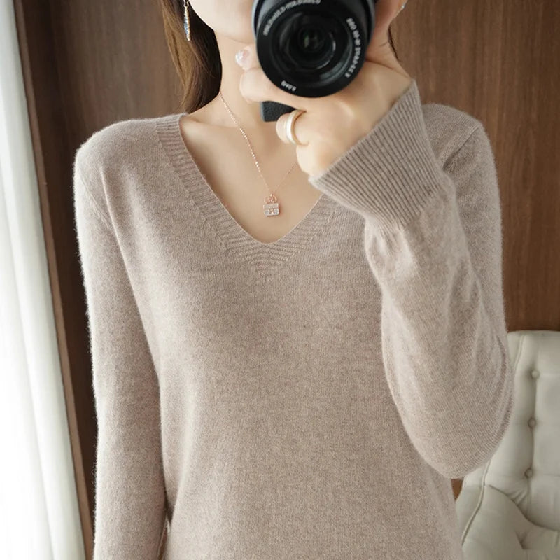New Cashmere Women's V-neck Pullover Lace Neck Hollow Out Design Casual Knitted Long Sleeve Women's Sweater Autumn And Winter - Matrix-studios.com