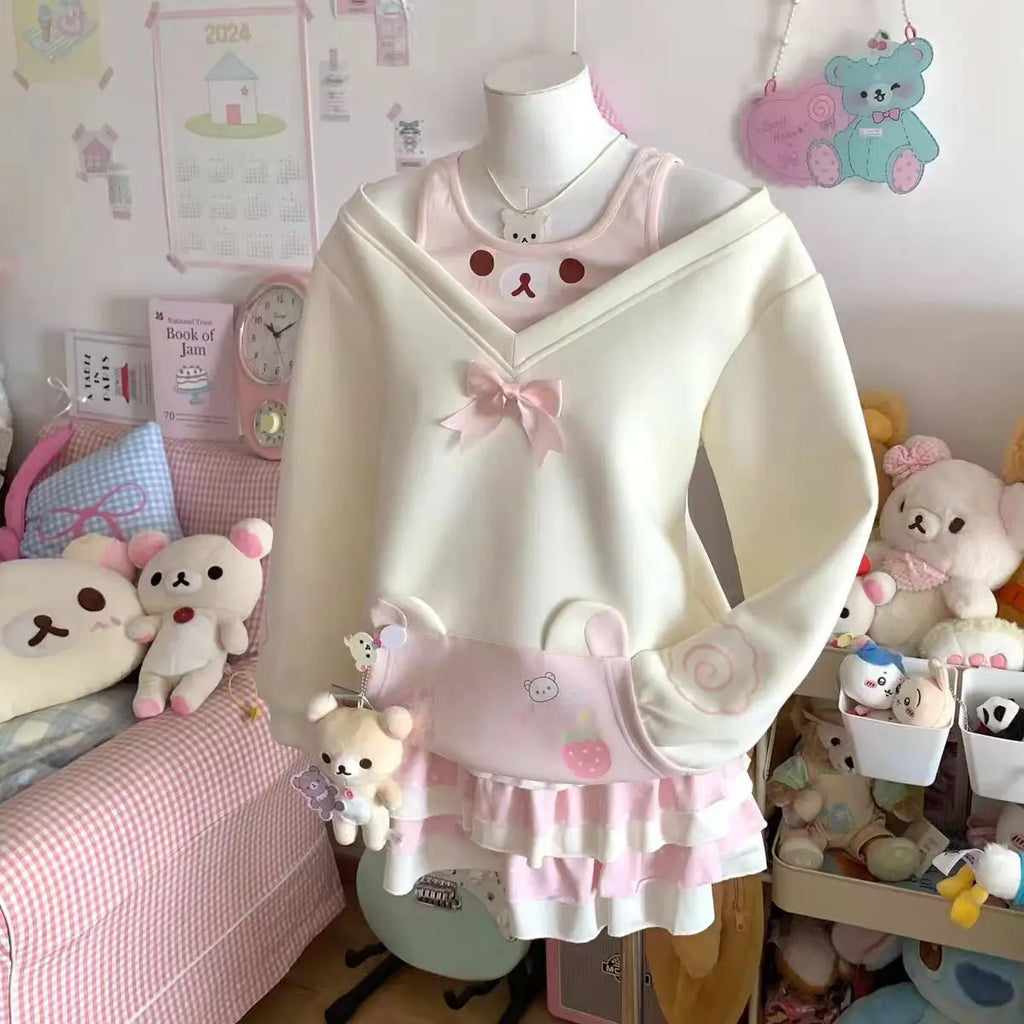 Japanese Kawaii Sweatshirts Women Autumn Sweet Bow Casual Off Shoulder Hoodies Design Elegant Lolita Tops Patchwork Coat - Matrix Studios