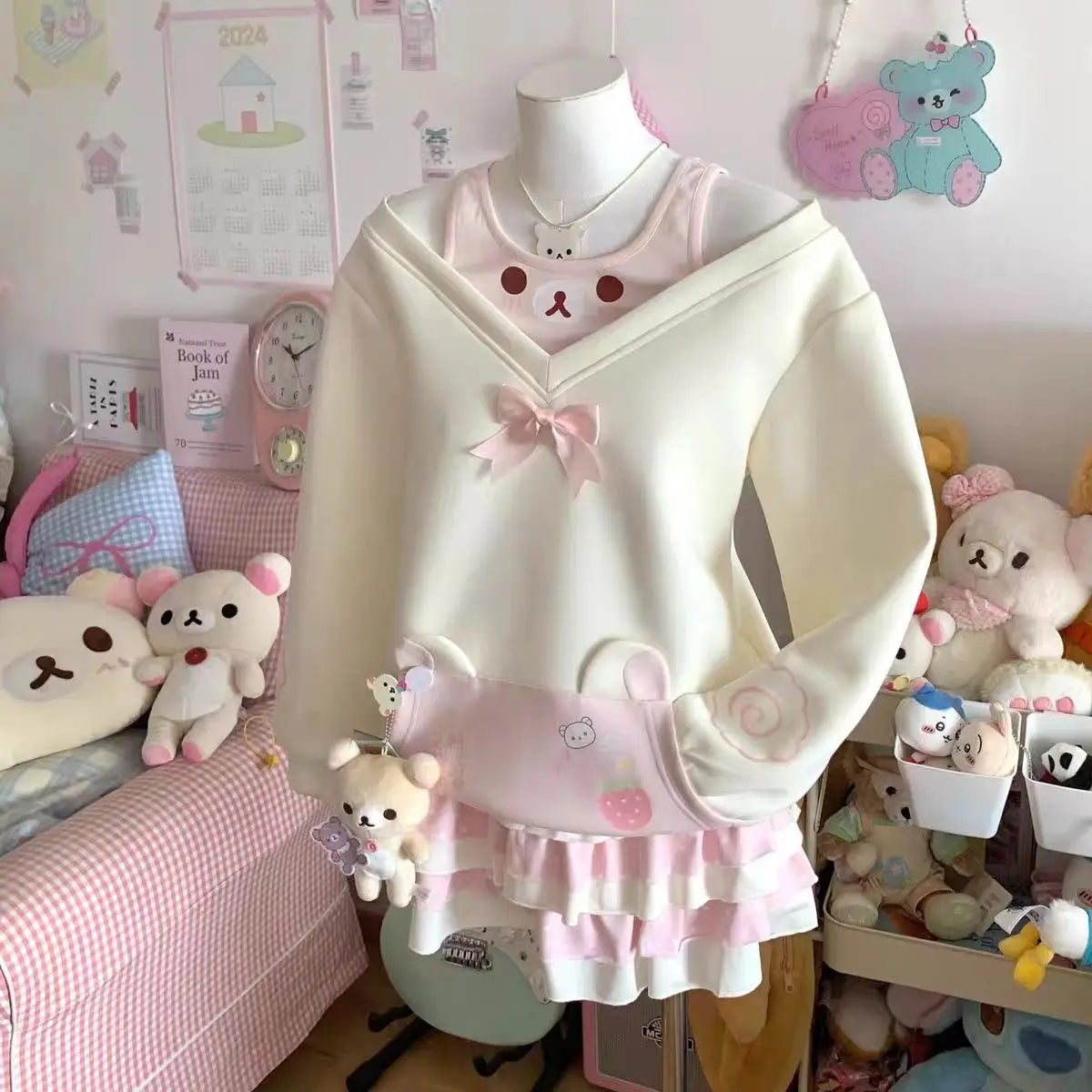 Japanese Kawaii Sweatshirts Women Autumn Sweet Bow Casual Off Shoulder Hoodies Design Elegant Lolita Tops Patchwork Coat - Matrix Studios