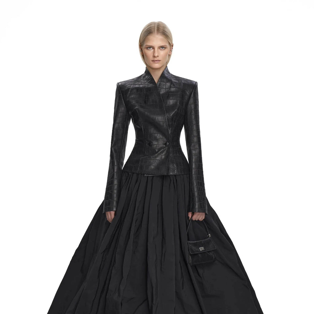 IG 2026 New Women's Gothic Faux Leather Embossed Fitted Leather Blazer Structured Shoulder Lace Cuff Casual Black Blazers - Matrix Studios