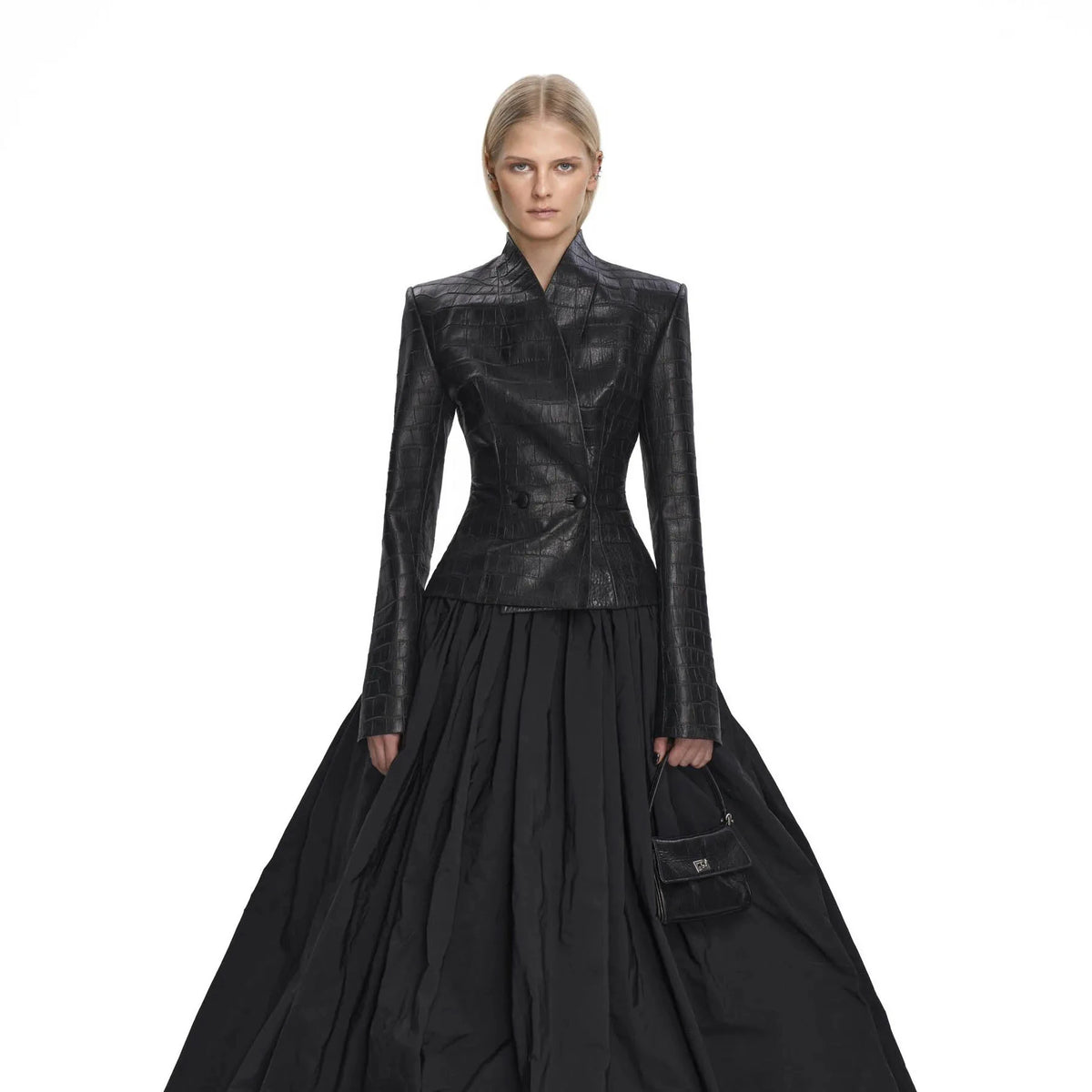 IG 2026 New Women's Gothic Faux Leather Embossed Fitted Leather Blazer Structured Shoulder Lace Cuff Casual Black Blazers - Matrix Studios