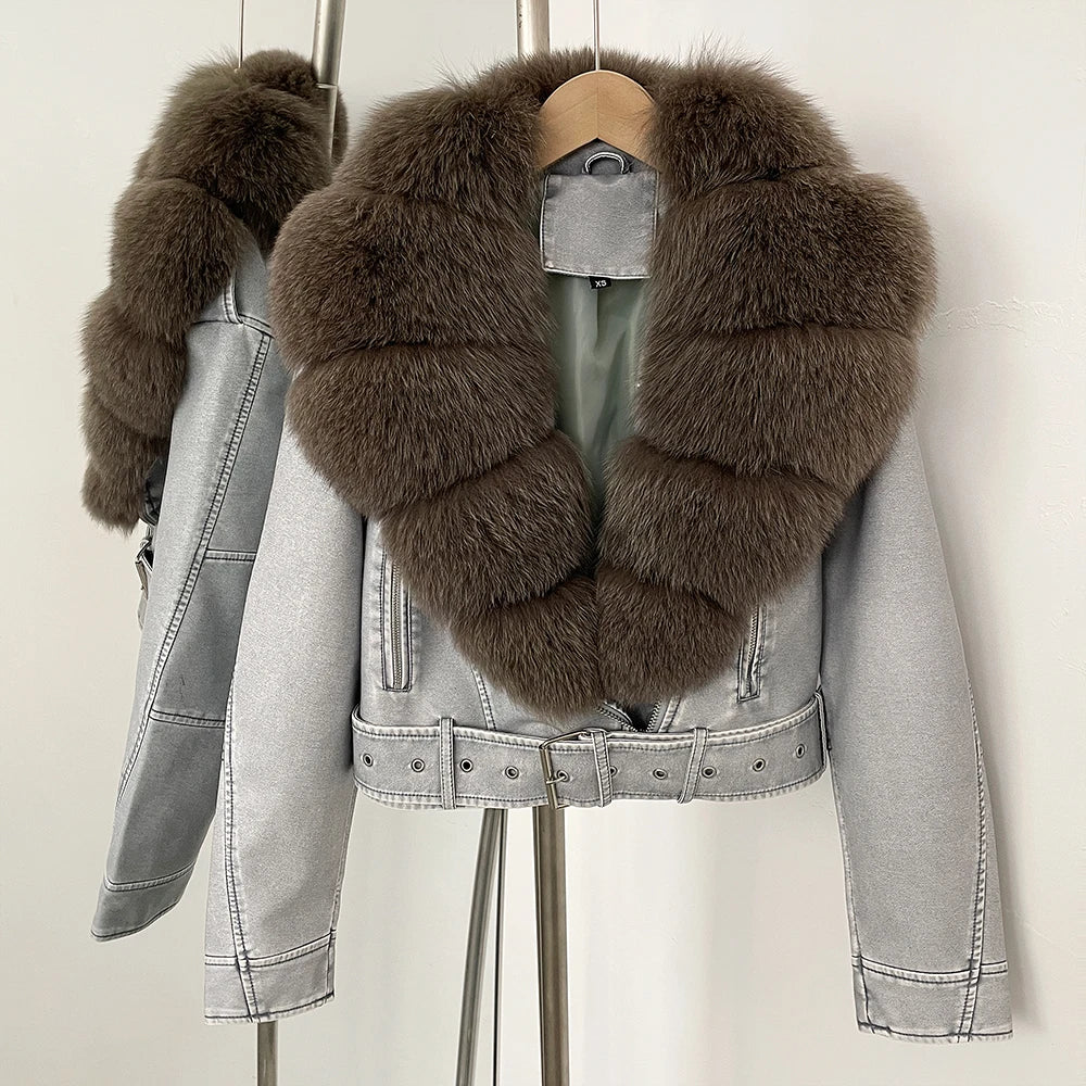 Fake Leather Coat New Natural Fox Fur Autumn Short Faux Leather Jacket Female Spring PU Women Long Sleeve Real Fur Coat Thin - Matrix Studios