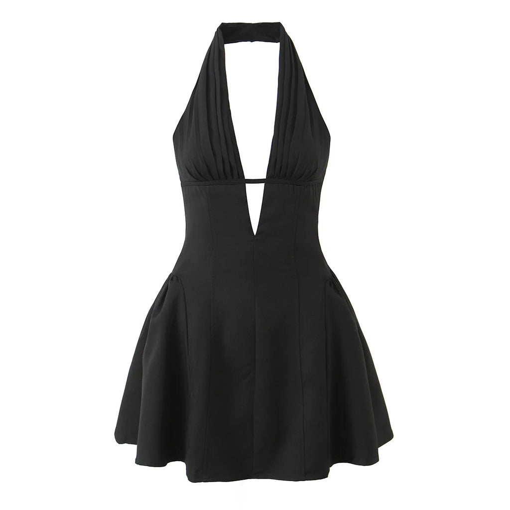 YENKYE French Style Retro Polka Dot Deep V Halter Dress Women Sexy Backless A-line Slim Sweet Elegant Mini Dresses Summer Robe - Matrix-studios.com