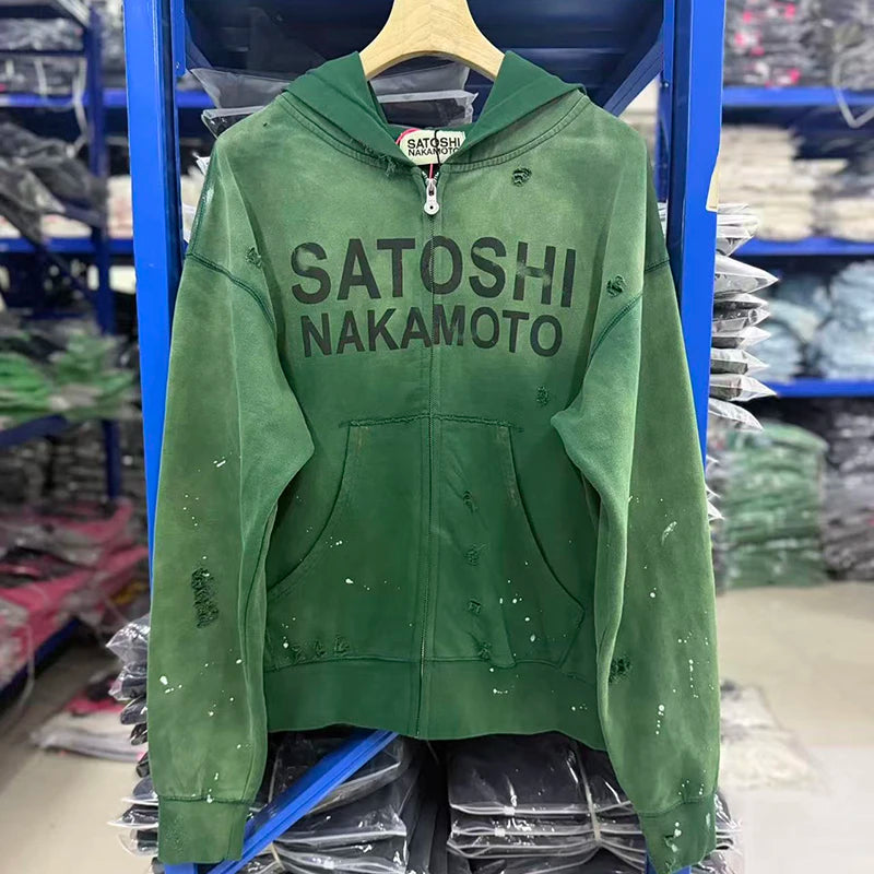 26FW Satoshi Nakamoto Zip Up Hoodie Vintage Distressed High Street Worn Out Print Men Women Hooded Pullover Real Photo - Matrix-studios.com