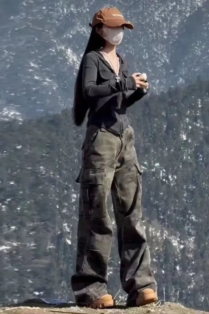 Y2k Clothes Jeans For Woman High Waist Flare Trousers Camouflage Cargo Wide Leg Straight Winter New Pants Slim Fit Fashion - Matrix-studios.com