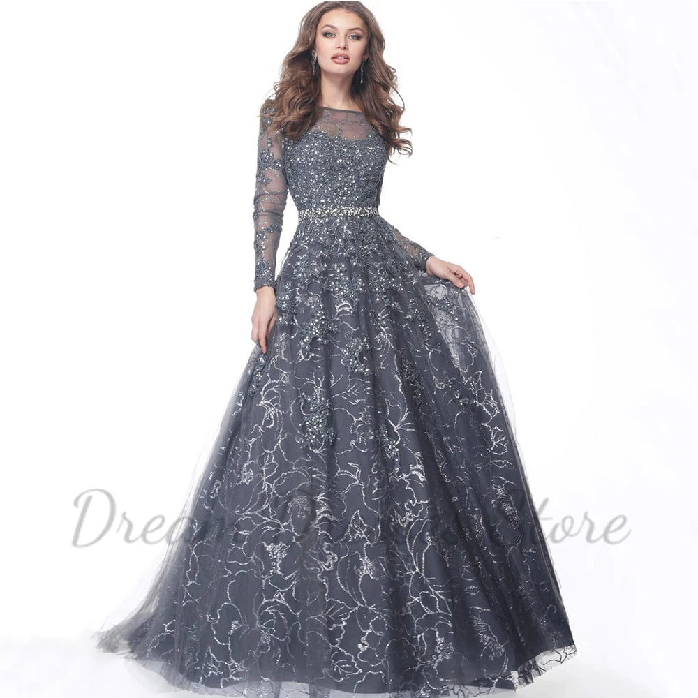 Exquisite Shiny Lace A-Line Prom Dress Scoop Neck Long Sleeves Illusion Tulle Women Floor Length with Beading Belt Party Gowns - Matrix Studios