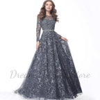 Exquisite Shiny Lace A-Line Prom Dress Scoop Neck Long Sleeves Illusion Tulle Women Floor Length with Beading Belt Party Gowns - Matrix Studios