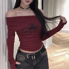 Women Y2K Gothic Grunge T Shirts Off Shoulder 2023 Autumn Streetwear Fairycore Hip Hop Tops Punk Casual Tees Female Clothes - Matrix-studios.com