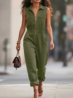 Streetwear Jumpsuit For Women Fashion Sleeveless Zipper Turn-down Collar Long Pants Jumpsuits Lady Casual Solid Women's Clothing - Matrix Studios