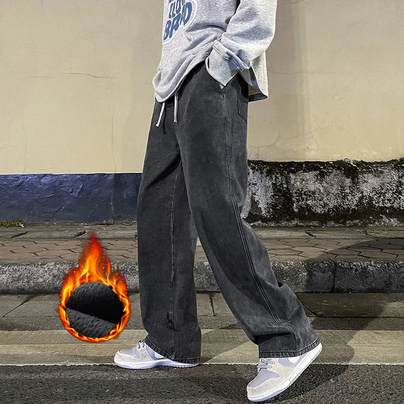 Men's Winter Fleece Loose Jeans Velvet Warm Elastic Waist Wide Leg Y2K Denim Pants Straight Comfortable Brand Men's Clothing - Matrix Studios