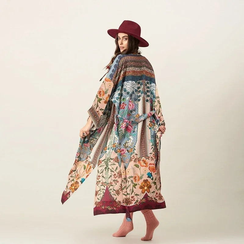 2025 Bikini Cover-ups Pink Boho Print Self Belted Front Open Long Kimono Dress Beach Tunic Women Swim Suit Cover Up Dress - Matrix Studios