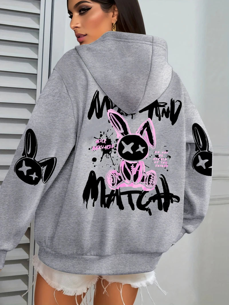 Mix And Match Cartoon Rabbit Prints Women Hoodie Pocket Streetwear Harajuku Loose Hoody All-Match Fleece Female Clothing - Matrix Studios