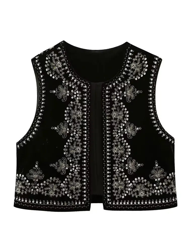 Vintage Autumn Velvet Embroidered Vest Sleeveless Jacket Women V Neck Chic Waistcoats Female Fashion Vests Coat 2023 - Matrix Studios