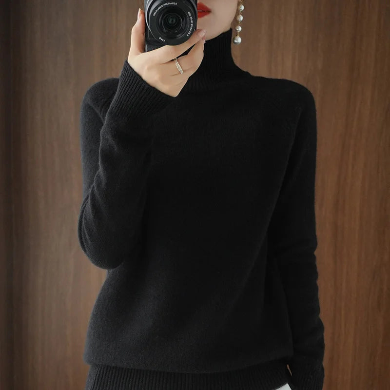 Autumn Winter Mock-Neck Merino Wool Pullover Basic Casual Cashmere Sweater Comfort Womes Raglan Sleeve Clothing Tops - Matrix Studios