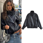Women's Jacket 2026 Autunm  New Black Long Sleeve Pebble Faux Leather Jacket Motorcycle Style Personality Fashion - Matrix Studios