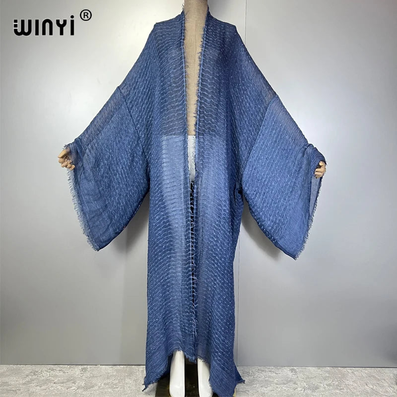 WINYI Geometric Print Kimono Kaftan Beachwear Cardigan Evening Dress Abaya Dubai Luxury Cover-Ups Beach Outfits Women Long Dress - Matrix Studios