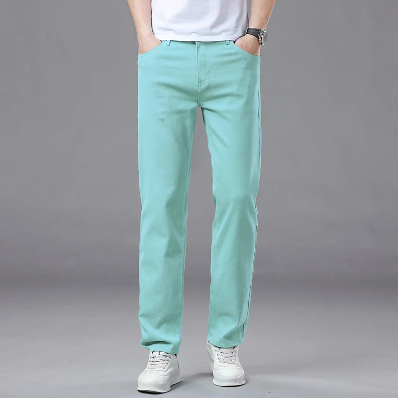 2025 Autumn Men's Elastic Colorful Jeans Breathable Casual  Straight Fitted Solid Color Denim Pants Korean Fashion Trousers - Matrix Studios