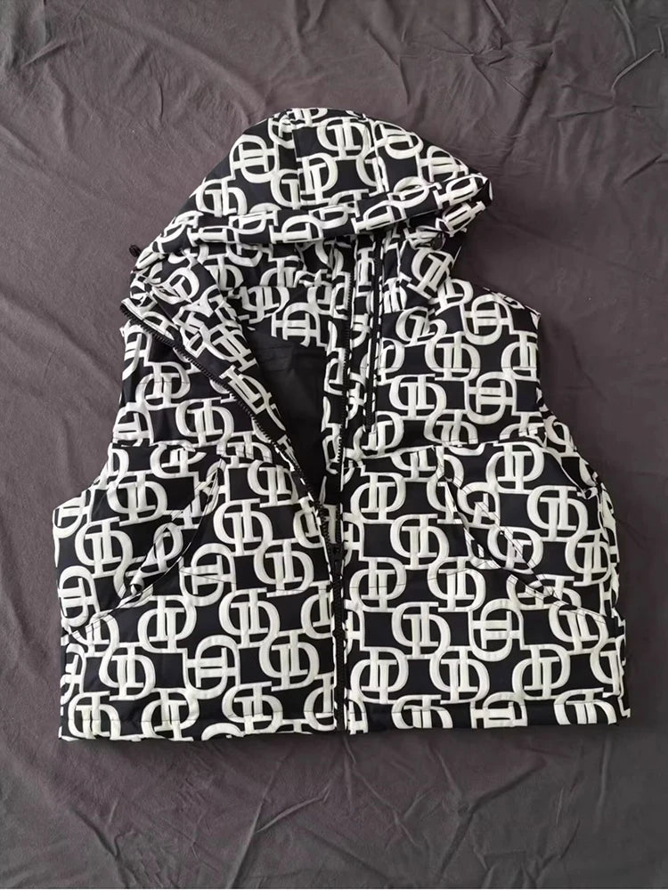 Autumn Winter Hooded Letters Printed Down Vest Women White Duck Down Sleeveless Casual Vests Female Warm Zipper Loose Waistcoats - Matrix Studios