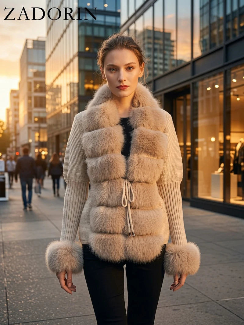 ZADORIN Autumn Winter Women Faux Fur Coat Luxury Knitted Sweater Fur Cardigan Detachable Collar White Pink Jacket Faux Fur Coats - Matrix Studios