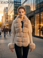 ZADORIN Autumn Winter Women Faux Fur Coat Luxury Knitted Sweater Fur Cardigan Detachable Collar White Pink Jacket Faux Fur Coats - Matrix Studios