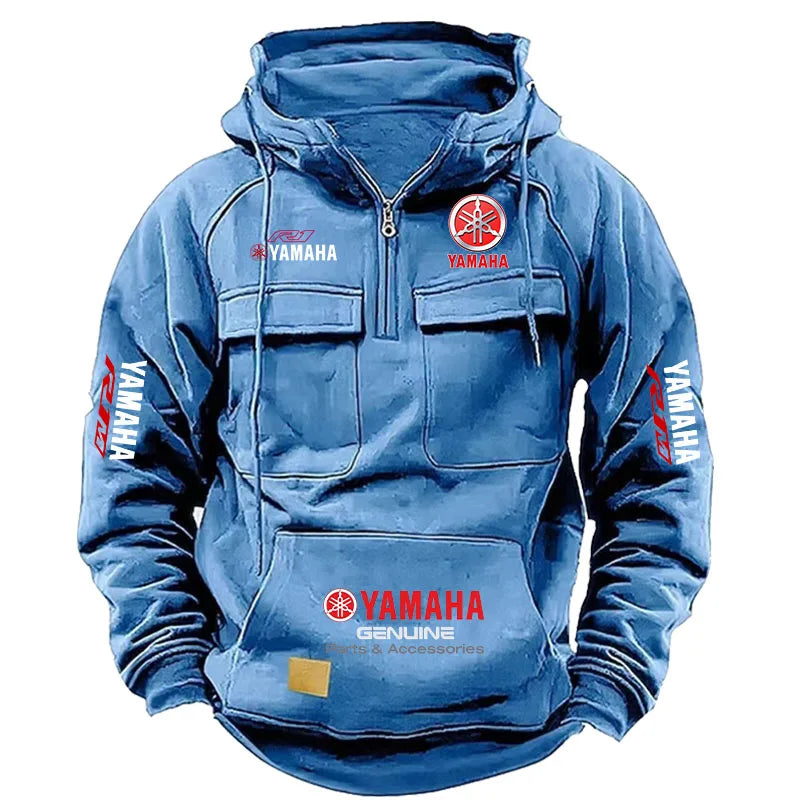 2026 New YAMAHA Logo Motorcycle Racing Race Retro Velvet Half Zipper Hoodie Men's Multi Pocket Autumn/Winter Casual Sweatshirt - Matrix Studios