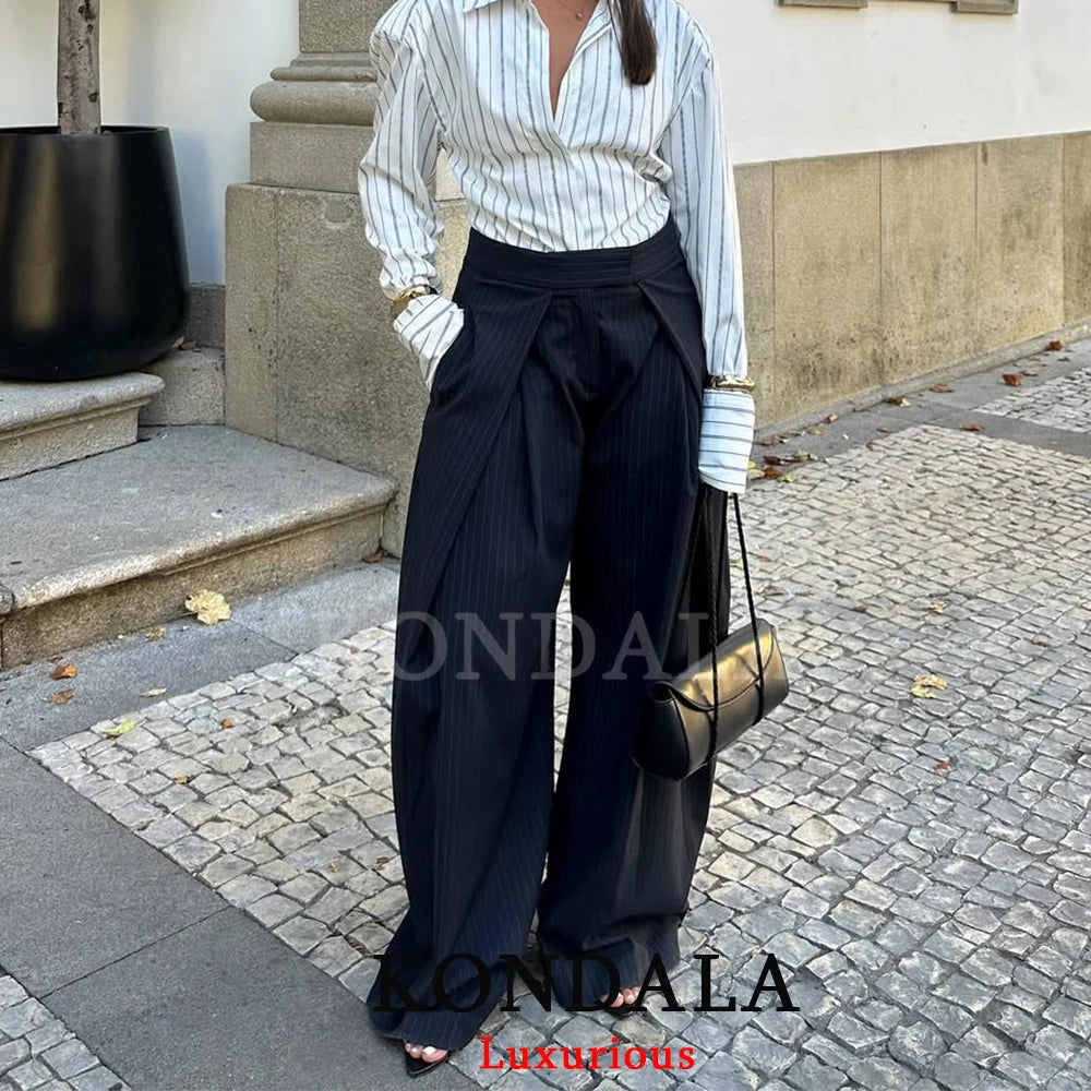 KONDALA Casual Chic Wide Leg Pants Women Office Lady Pockets Pleated Long Trousers Fashion 2026 Spring Summer Streetwear Pants - Matrix-studios.com