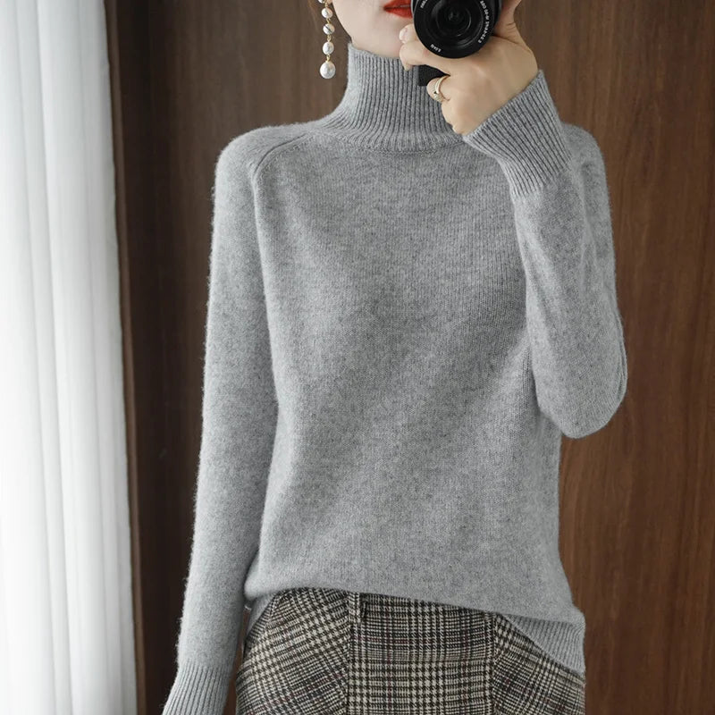 Autumn Winter Mock-Neck Merino Wool Pullover Basic Casual Cashmere Sweater Comfort Womes Raglan Sleeve Clothing Tops - Matrix Studios