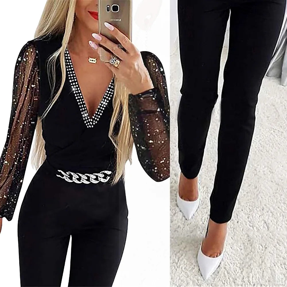 Jumpsuits Women One Piece V Neck Full Sleeve Tight High Waist Overalls Casual Sheath Long Pencil Pants Rompers Slim Fit Y2k - Matrix Studios