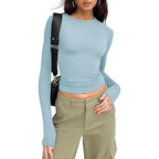 1pcs Four Seasons Fashion Senior Women T-shirt Long Sleeve Crew Neck Solid Slim Fit Tee Ladies Crop Top  Daily Streetwear Camis - Matrix-studios.com