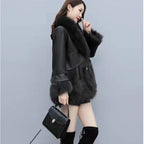 Chic Leather Jacket Women's Overcoat 2024 Autumn Winter New Faux Fox Fur Mid-Length PU Leather Stitching Thick Warm Coat Outwear - Matrix Studios
