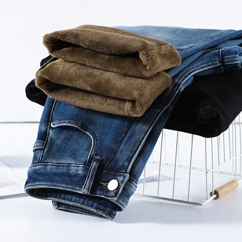 Winter Thickened Women's Mink Velvet Jeans Loose Straight Warm Soft Fleece Fashion Elastic High Waist Female Pants Black Blue - Matrix-studios.com