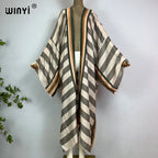 WINYI Kimono Africa Summer Boho Stripe Print Beach Swimwear Elegant Cardigan Sexy Holiday Maxi Beach Wear Swimsuit Evening Dress - Matrix Studios