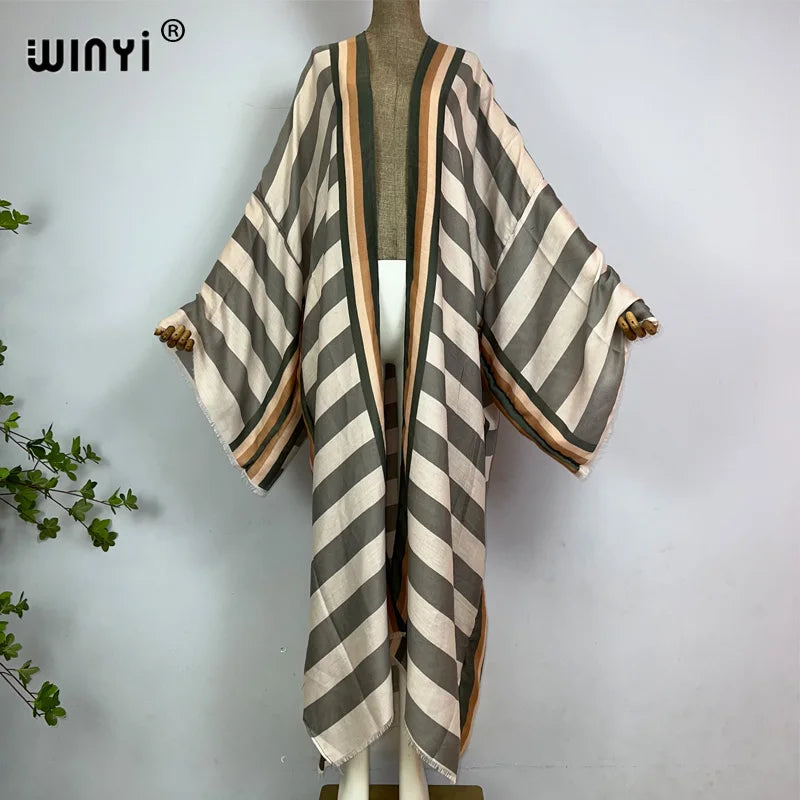 WINYI Kimono Africa Summer Boho Stripe Print Beach Swimwear Elegant Cardigan Sexy Holiday Maxi Beach Wear Swimsuit Evening Dress - Matrix Studios