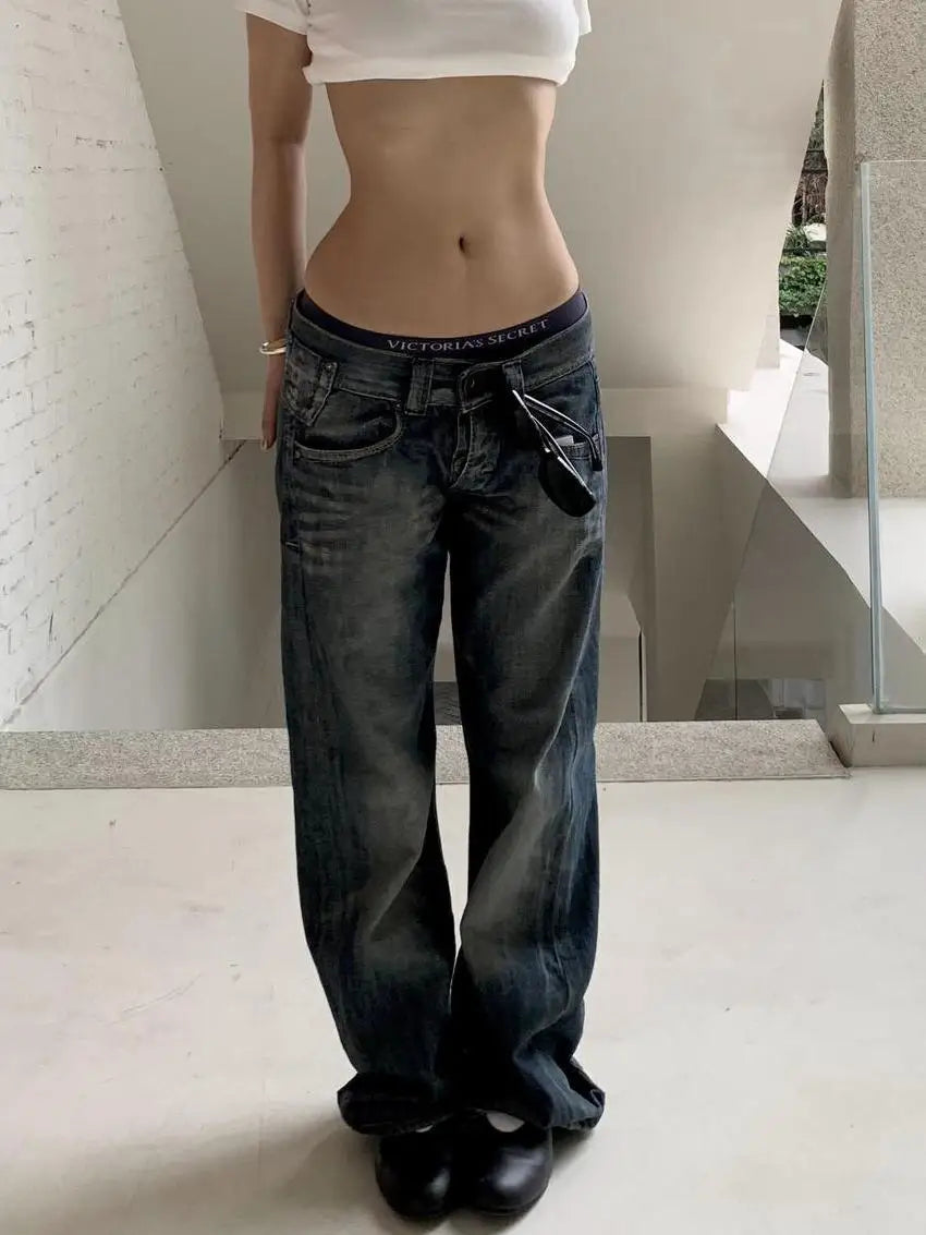 2025 Autumn Women's Blue Y2k Baggy Jeans Harajuku Japanese 2000s Style Denim Trousers American Vintage Jean Pants Trashy Clothes - Matrix-studios.com