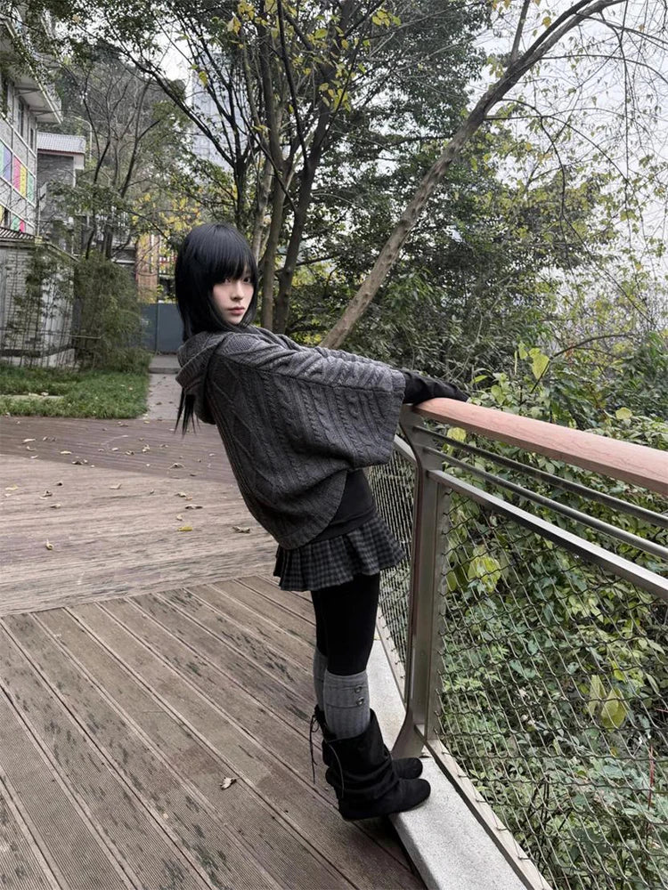 2026 Autumn Winter Women's Y2K Goth Knit Cardigan Harajuku Retro Millennium Aesthetics Single-Breasted Open-Flap Hooded Sweater - Matrix Studios