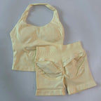 No Logo 2 Pieces Gym Set Women Backless Halter Tops High Waist Seamless Shorts Gym Suit Fitness Clothes Sportswear Workout Sets - Matrix-studios.com