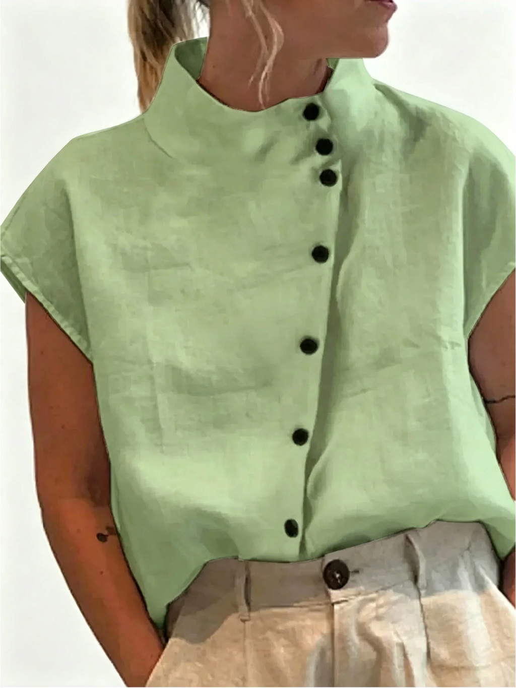 Summer Cotton Short Sleeve Blouse Women 2025 Fashion Button Stand Collar Loose Shirts And Blouses Tops Casual - Matrix-studios.com