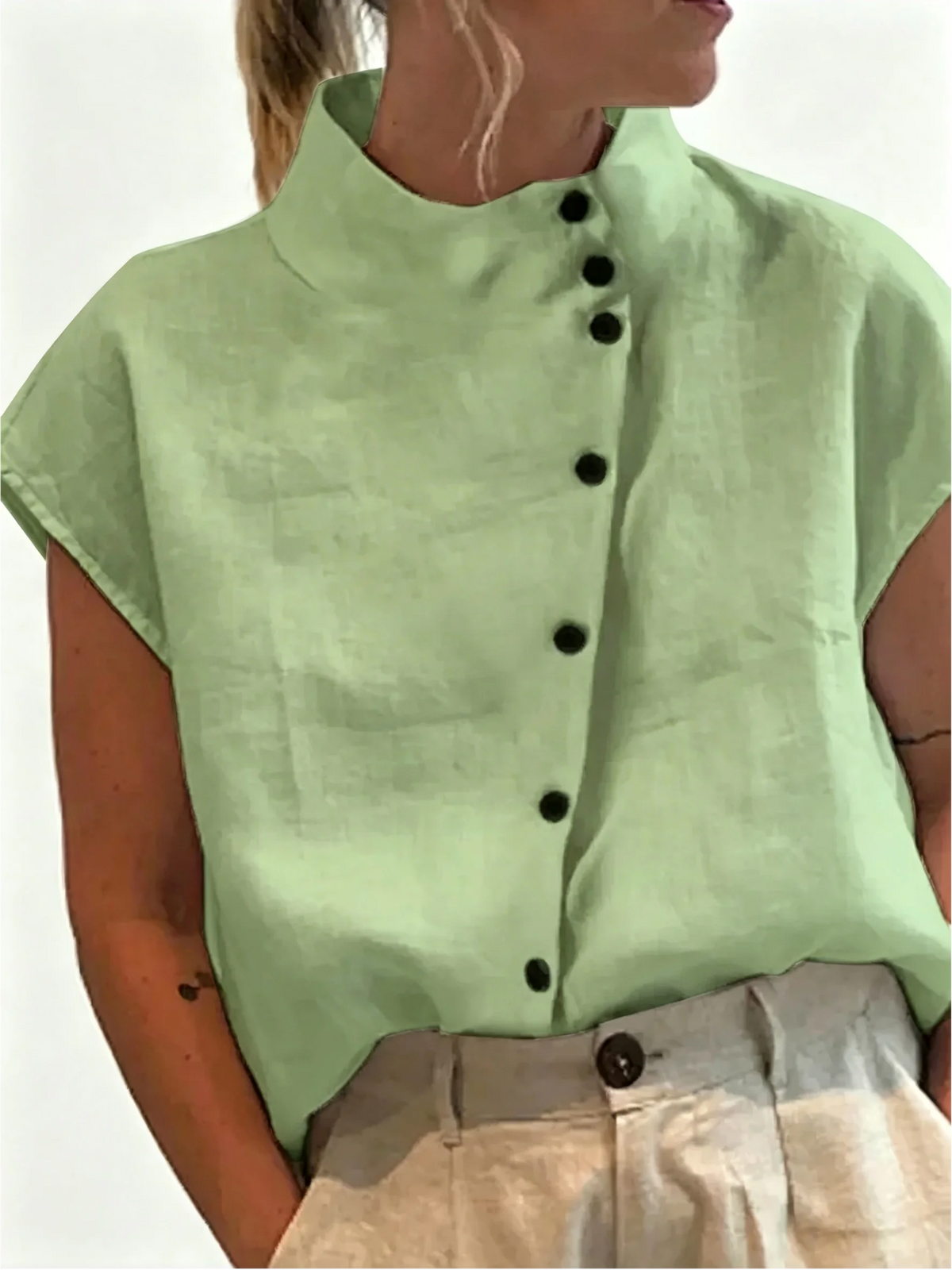 Summer Cotton Short Sleeve Blouse Women 2025 Fashion Button Stand Collar Loose Shirts And Blouses Tops Casual - Matrix-studios.com