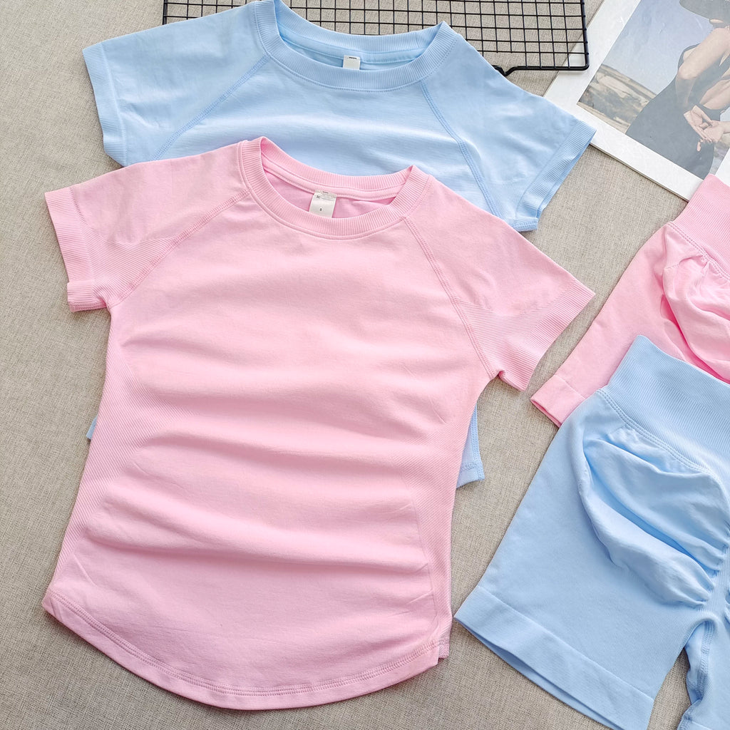 Women's Summer 2 Piece Yoga Outfit Slim Fit Short Sleeve Top High Waist Tummy Lifting Butt Shaping Shorts for Gym Running Daily - Matrix-studios.com