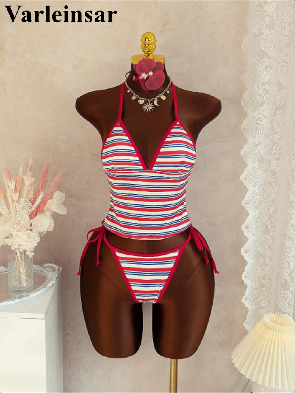 S - XL Striped V Neck Tankini Halter Bikini Female Swimsuit Women Swimwear Two-Pieces Bikini Set Bather Bathing Suit Swim V8110 - Matrix-studios.com