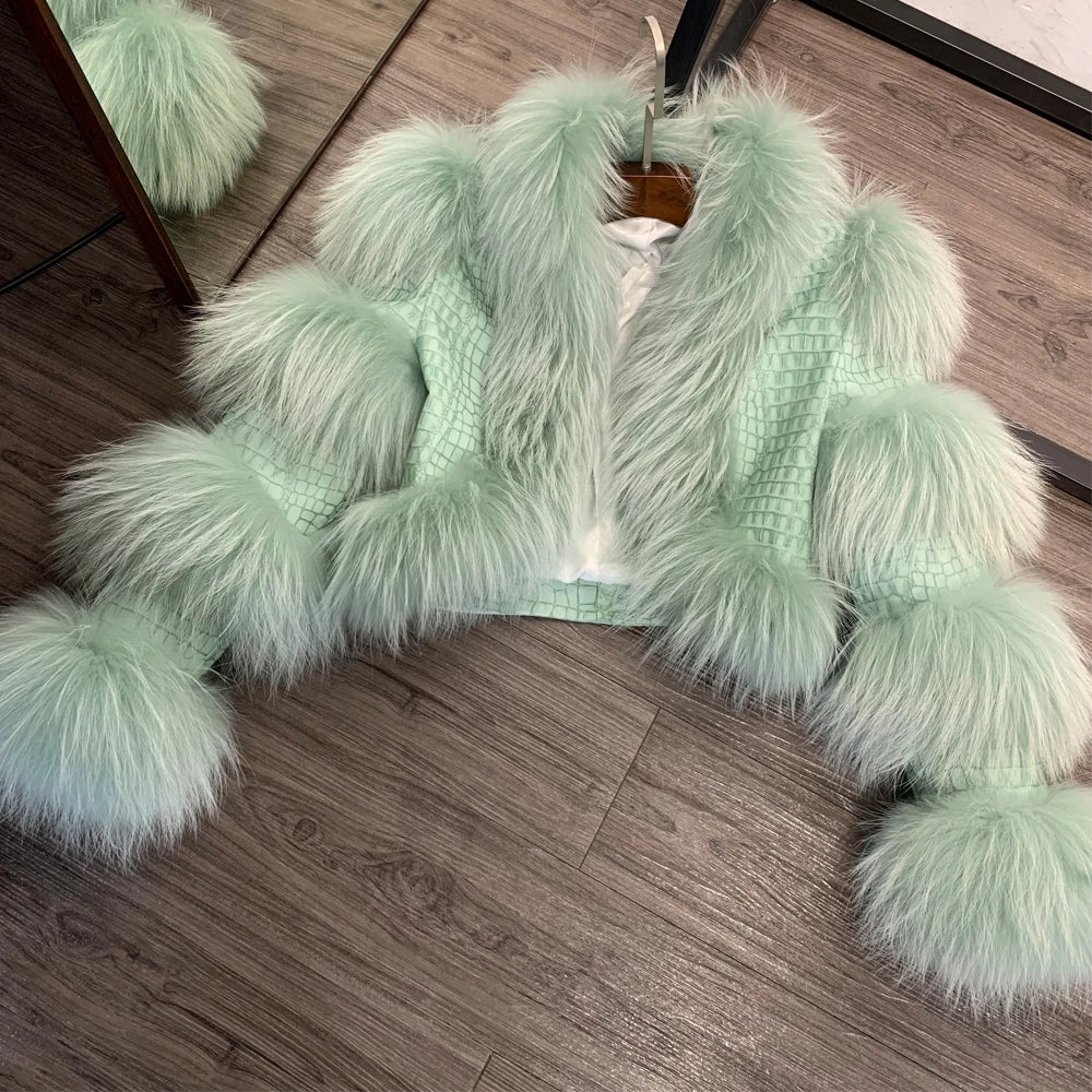 Fur Bomber Ladies New Fashion Jacket Crocdile Sheep Leather With Natural Fur 3573 - Matrix Studios