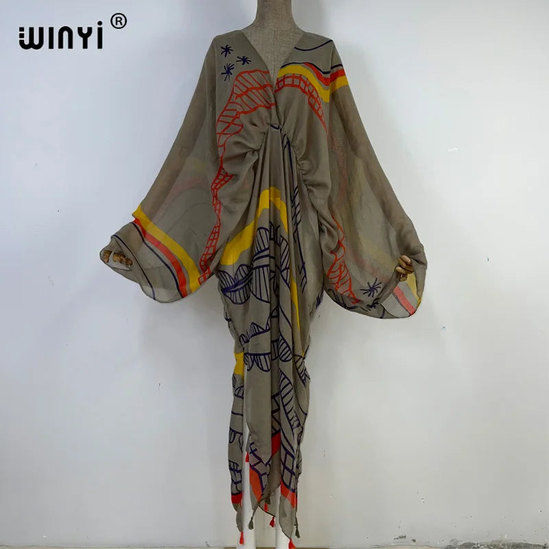 WINYI Graffiti Print Swimsuit Cover Up Women Beach Tassels Dress Sexy V-neck Dresses Summer Woman Clothes Robe Fashion Kaftan - Matrix Studios